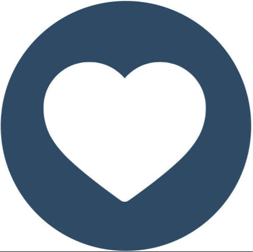 White heart symbol inside a blue circle on a white background