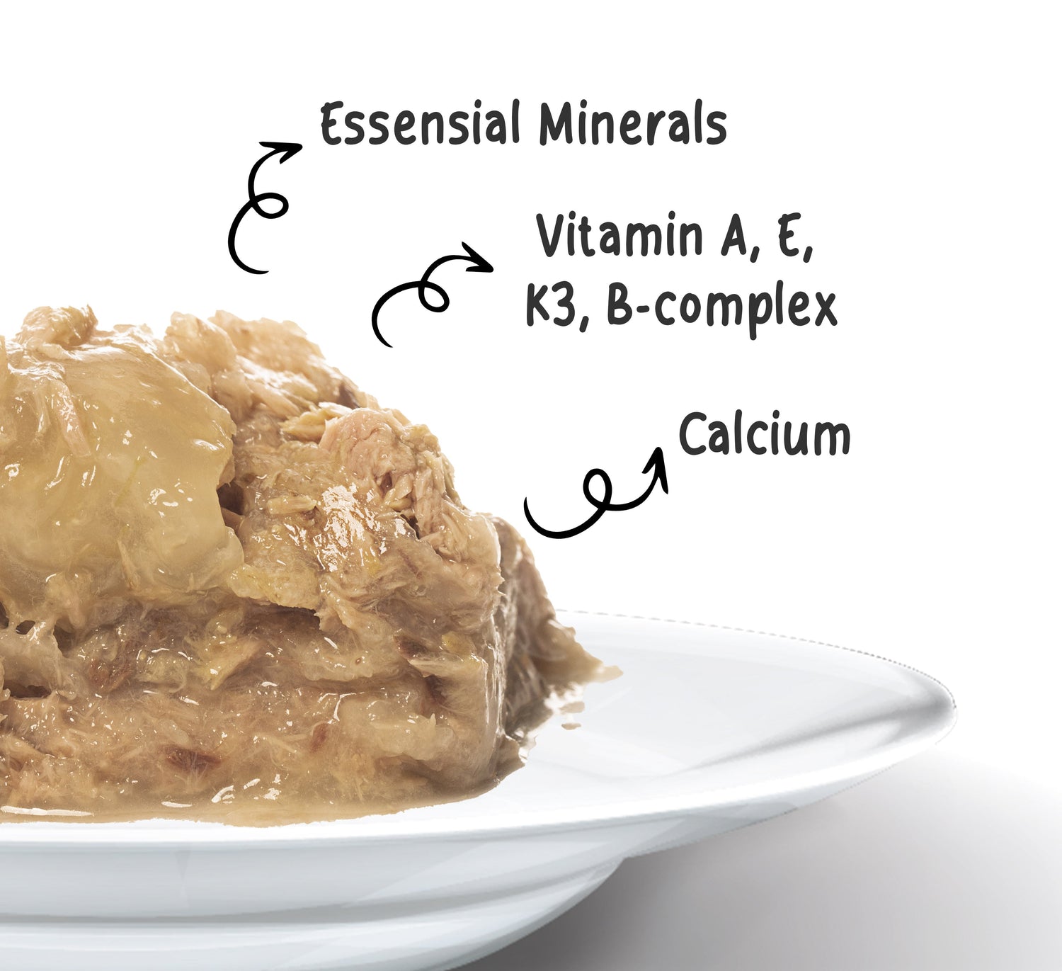 Plate of food with nutritional information labeled on a white background